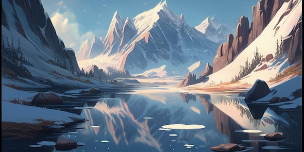 Painting of Frozen mountain lake in winter landscape with a glacial lake in the foreground generative ai