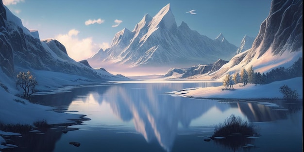 Painting of Frozen mountain lake in winter landscape with a glacial lake in the foreground generative ai