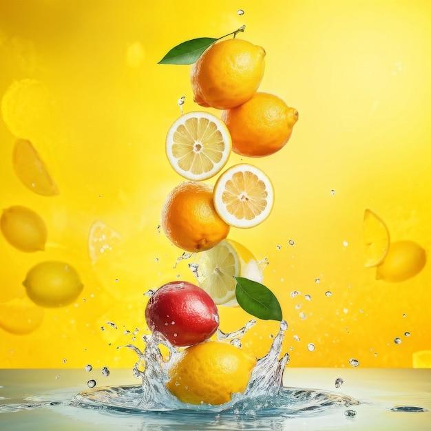 a painting of fruit being splashed with oranges and lemons