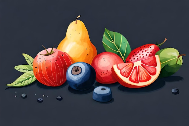 A painting of fruit on a black background