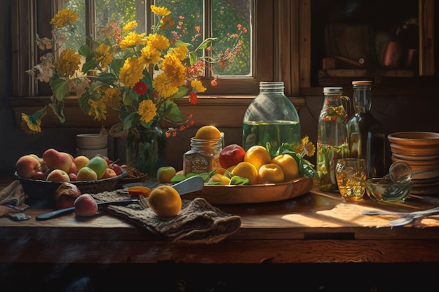 A painting of fruit and flowers in a kitchen.