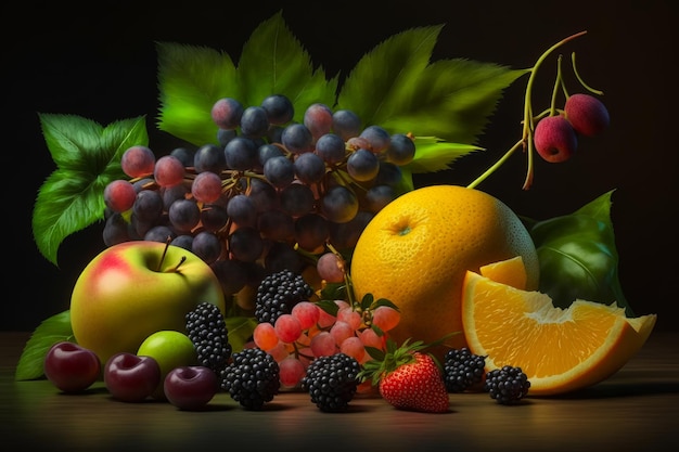 Painting of fruit and leaves on table Generative AI