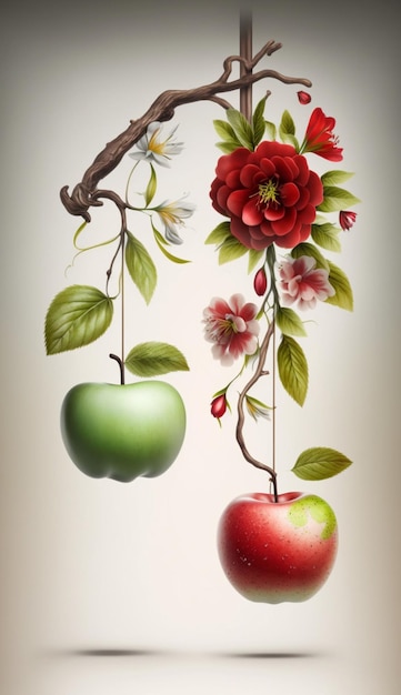 A painting of a fruit and a red apple hanging from a branch.