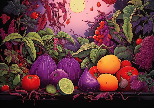 Photo a painting of a fruit and vegetables with the sun behind it