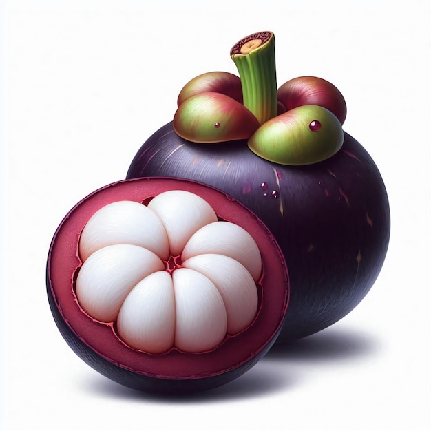 a painting of a fruit with a red and purple flower