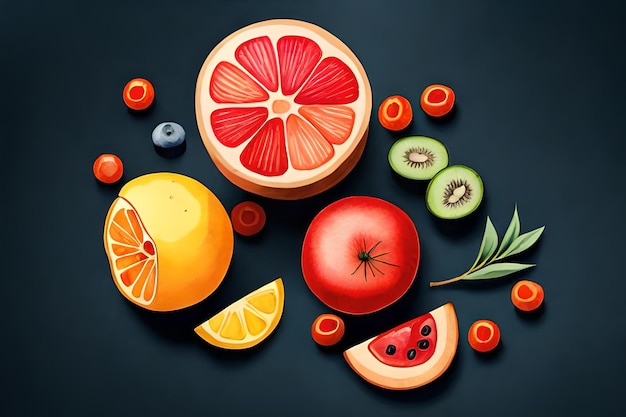 A painting of fruits and berries including a grapefruit, kiwi, kiwi, and kiwi.