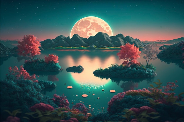 Painting of a full moon over a body of water generative ai