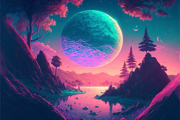 Painting of a full moon over a body of water generative ai