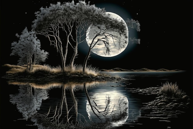 Painting of a full moon over a body of water generative ai