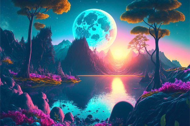 Painting of a full moon over a lake generative ai