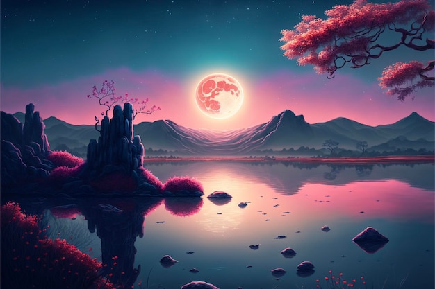 Painting of a full moon over a lake generative ai