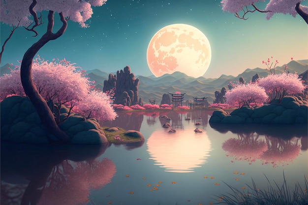 Painting of a full moon over a lake generative ai