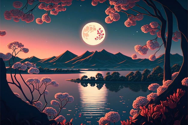 Painting of a full moon over a lake generative ai