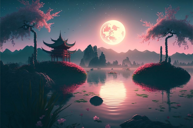 Painting of a full moon over a lake generative ai