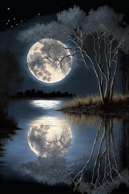 Painting of a full moon reflecting in the water generative ai