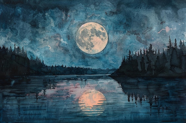 a painting of a full moon and the trees in the night sky