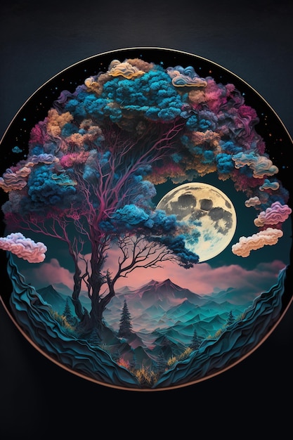 A painting of a full moon with a mountain in the background.