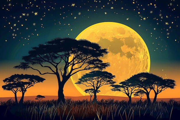 a painting of a full moon with trees and a full moon