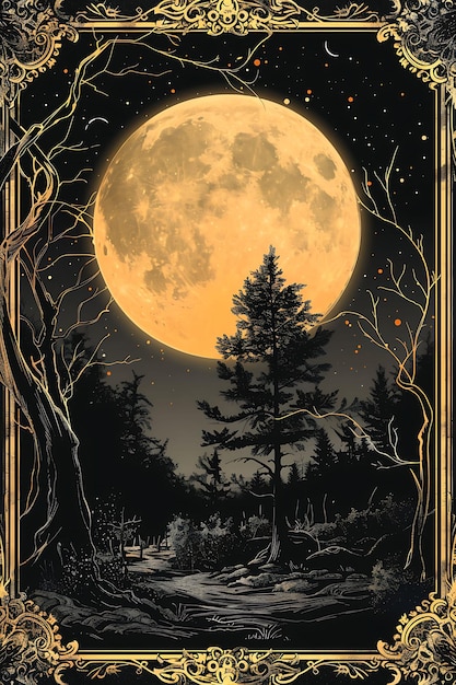 a painting of a full moon with trees and a place called the moon