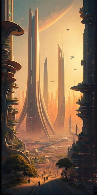 Painting of a futuristic city in the middle of a desert generative ai