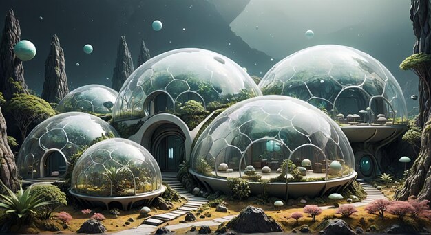 Photo a painting of a futuristic world with a glass dome and a large glass dome