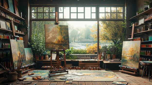 Photo a painting of a garden is displayed in a room with a river in the background