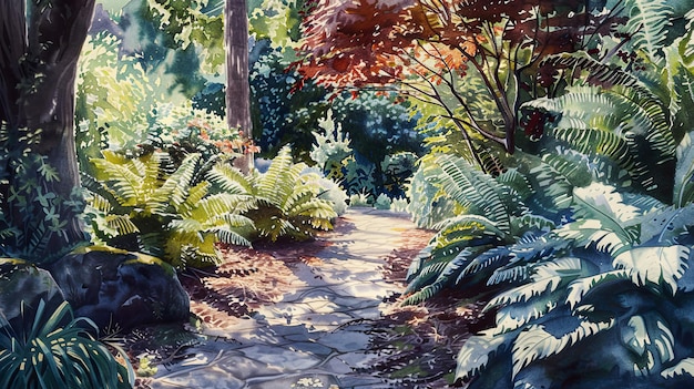 a painting of a garden path with ferns and trees