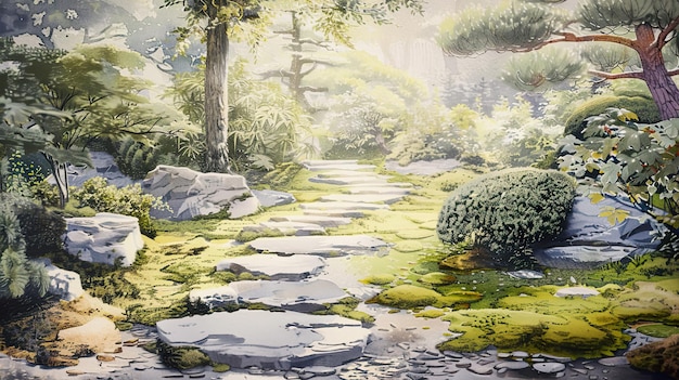 a painting of a garden path with a pond and trees in the background