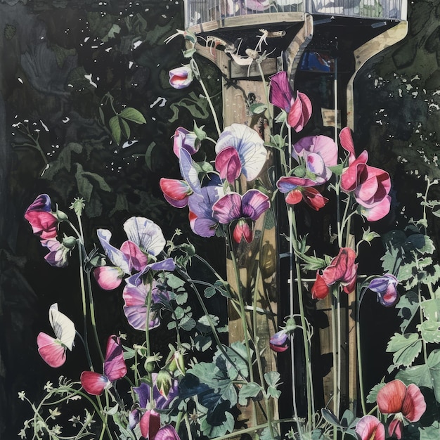 Photo a painting of a garden with a birdhouse and a bird in it