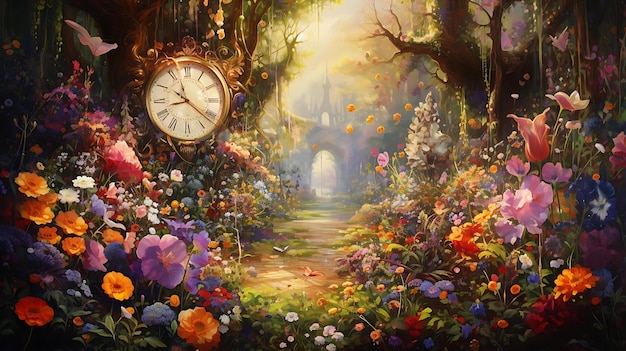 A painting of a garden with a clock and flowers