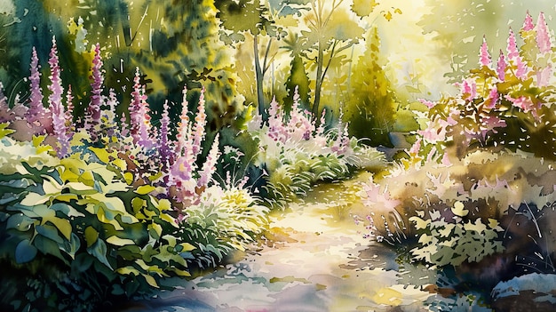 a painting of a garden with flowers and a path