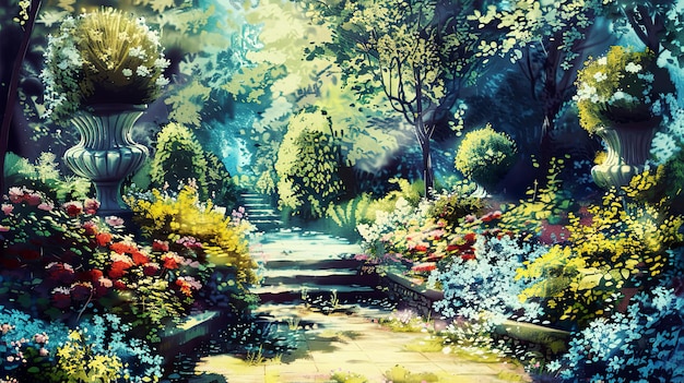 a painting of a garden with flowers and trees