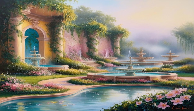 a painting of a garden with a fountain and flowers