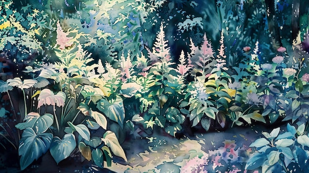 a painting of a garden with a lot of plants and flowers