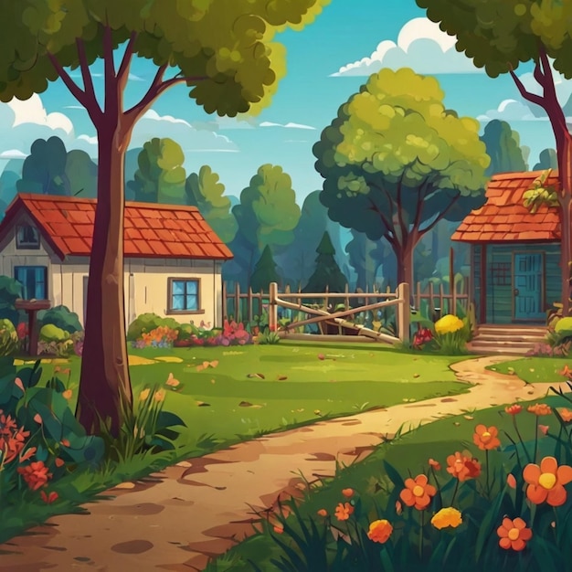 a painting of a garden with a path leading to a cabin