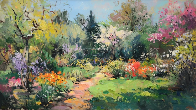 A painting of a garden with a path leading through it with trees and flowers in bloom