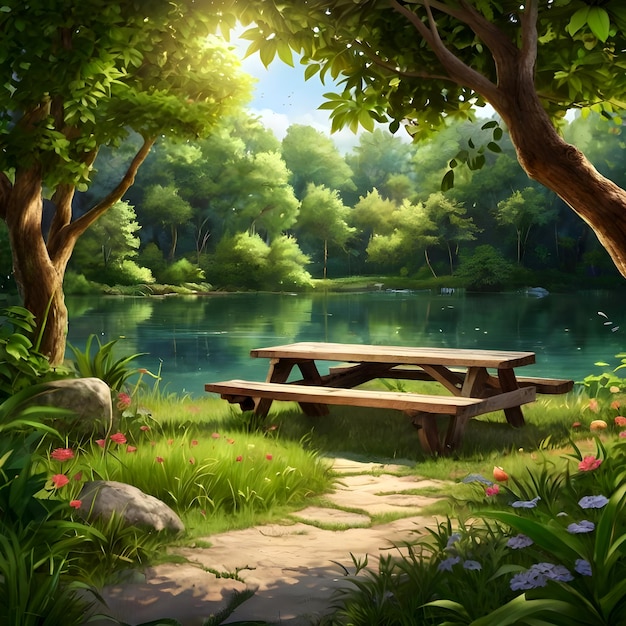 painting of a garden with a picnic table and a lake with trees and a picnic table