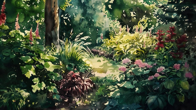 a painting of a garden with a pineapple and a pine cone