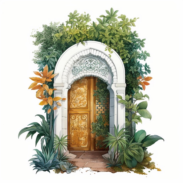 Photo a painting of a garden with plants and a wooden door.