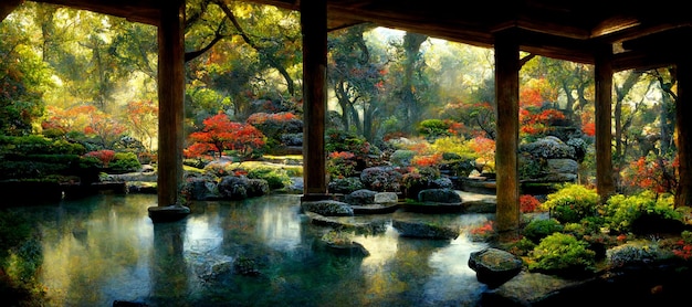 A painting of a garden with a pond and a pond with a few plants and a tree in the background.