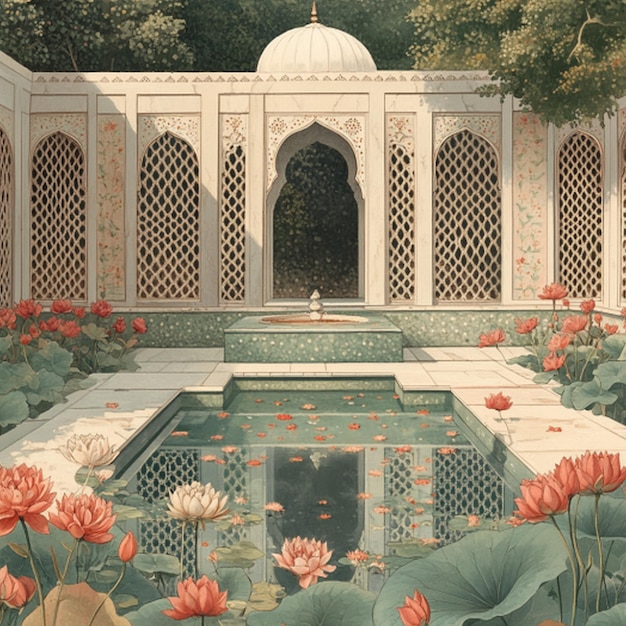 Photo a painting of a garden with a pool and flowers in it