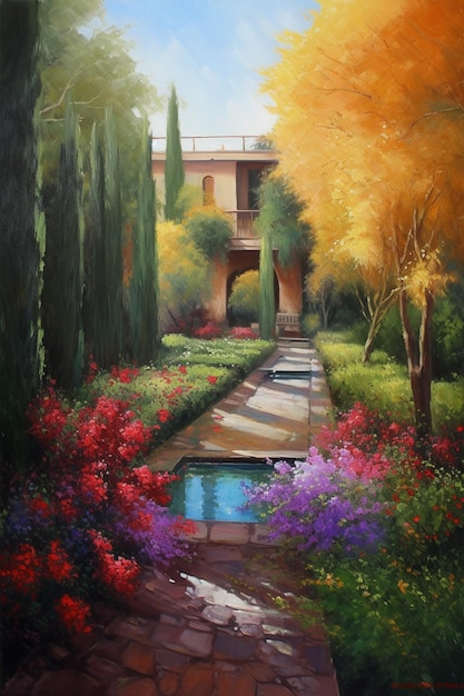 A painting of a garden with a pool in the middle