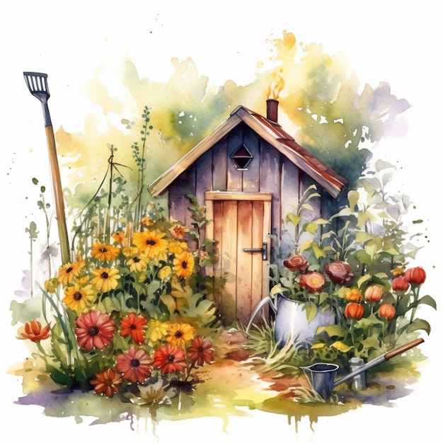 Painting of a garden with a shed and flowers generative ai