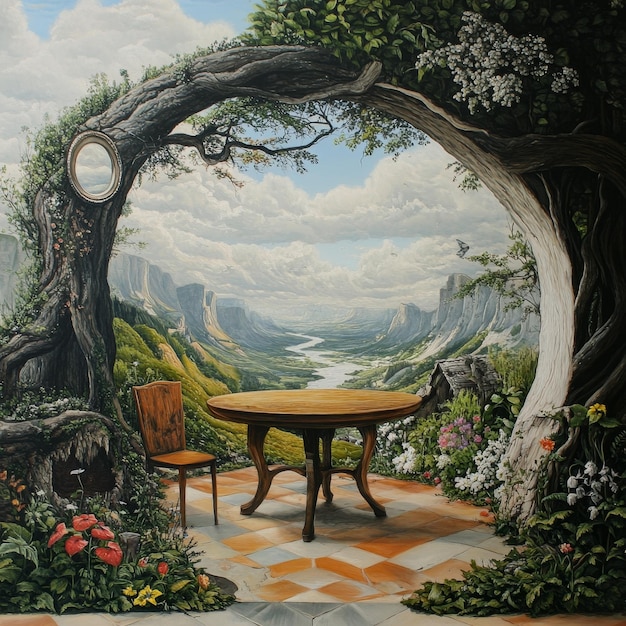 a painting of a garden with a table and a chair