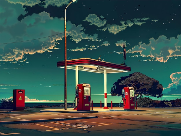 a painting of a gas station with a picture of a mountain in the background