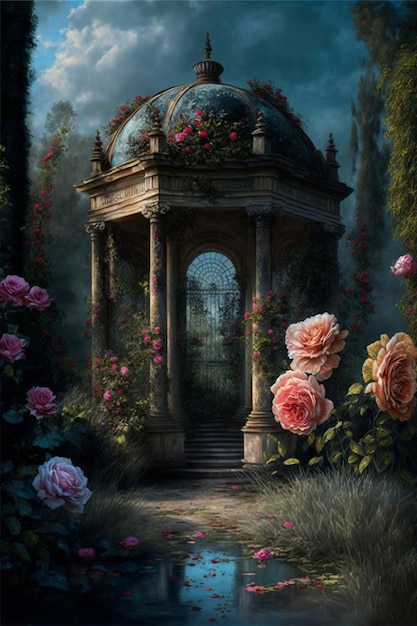 Painting of a gazebo surrounded by flowers generative ai