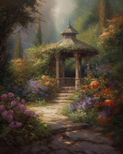 A painting of a gazebo with flowers on it.