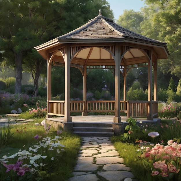 a painting of a gazebo with a pond and trees in the background