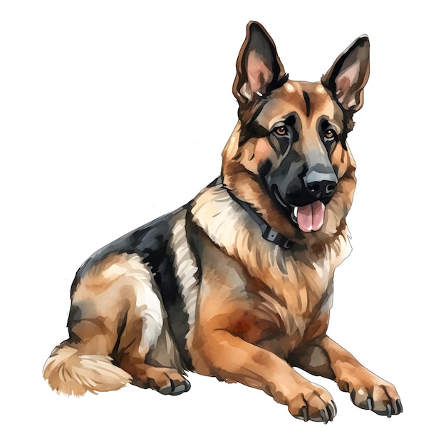 A painting of a german shepherd dog with its mouth open.