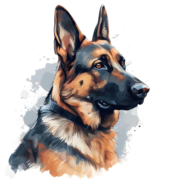 A painting of a german shepherd with a blue and gray background.